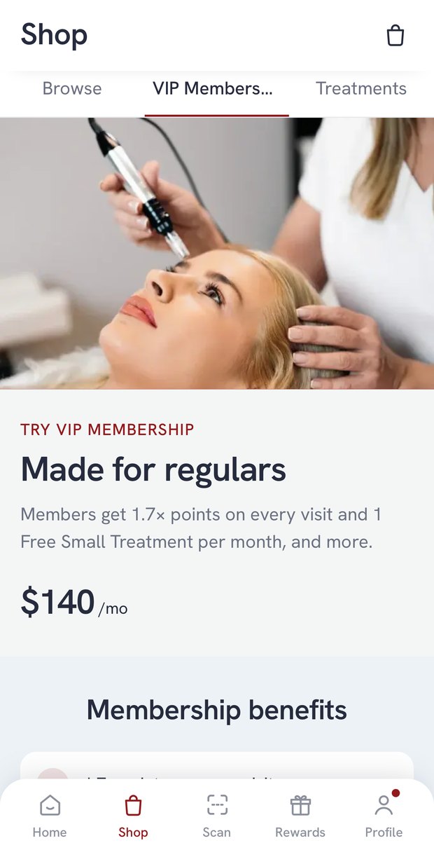 The membership tab in a practice's app