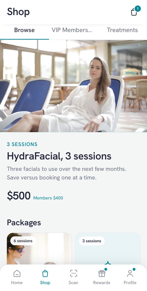A practice's app with a treatment package to rebook