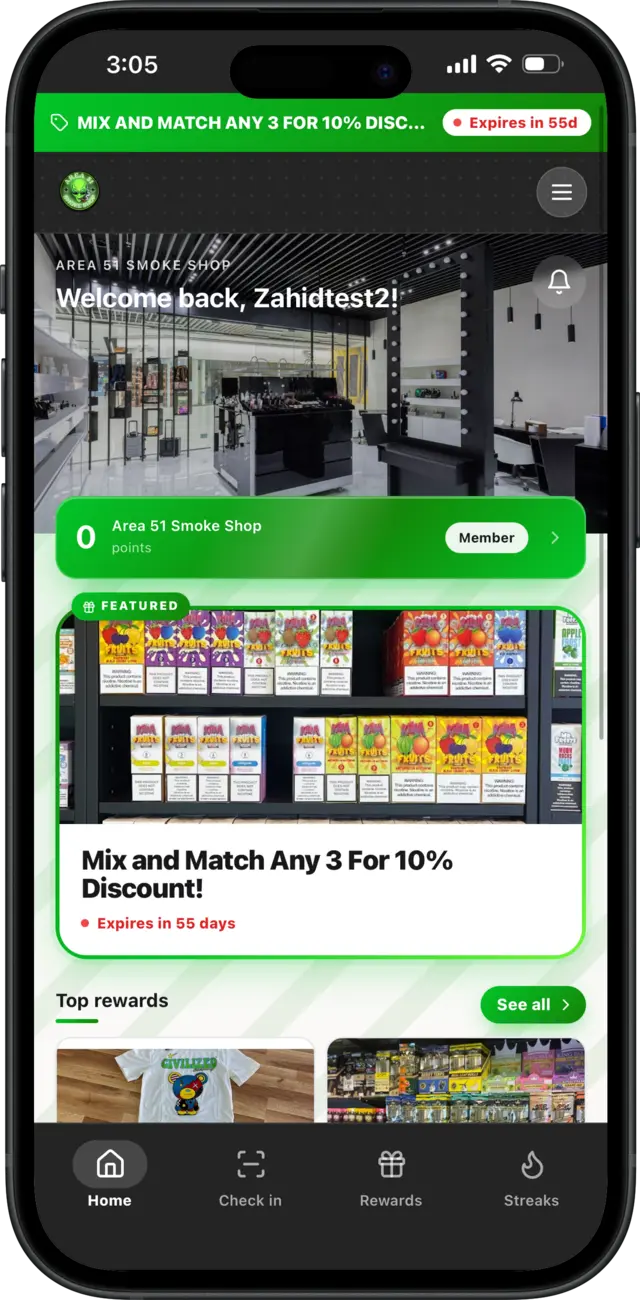 Area 51 Smoke Shop rewards app on an iPhone — green-branded home screen with a mix-and-match offer and top rewards