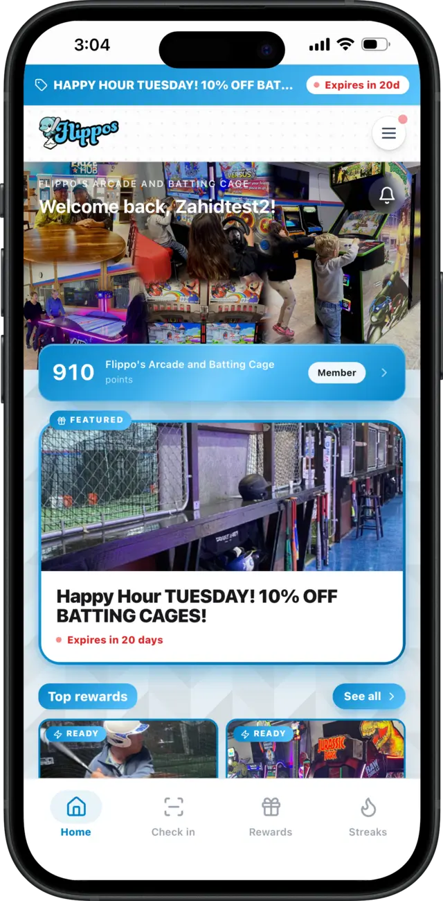 Flippo's Arcade and Batting Cage rewards app on an iPhone — blue-branded home screen with a happy hour offer
